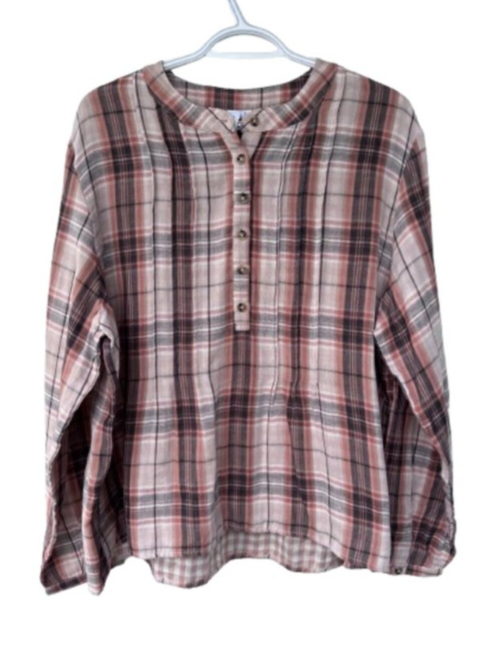 Grace + Karma plaid henley long sleeve shirt pink, cream women's size L NWT - Picture 2 of 7